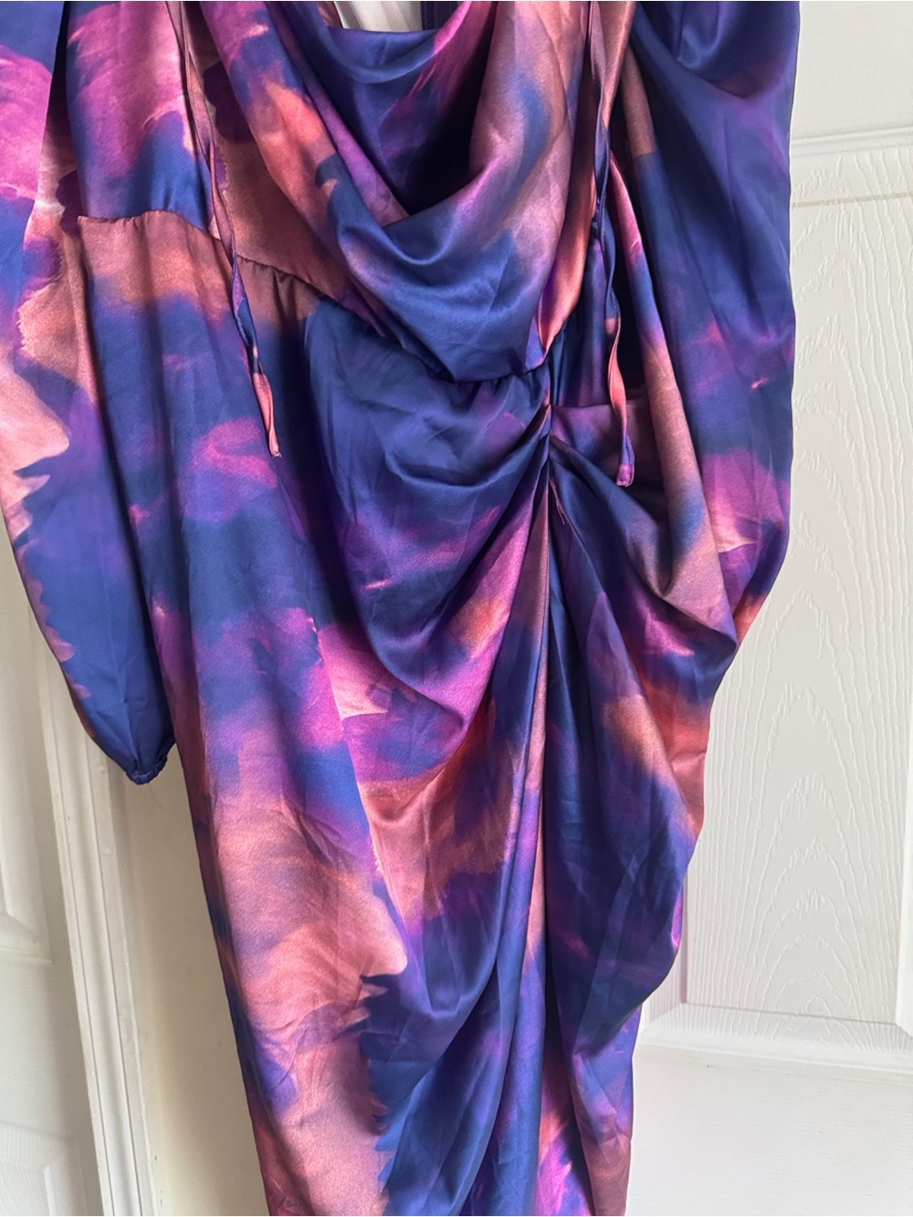 SHEIN Purple and Orange Tie-Dye Satin Ruched Midi Dress - Picture 3 of 3